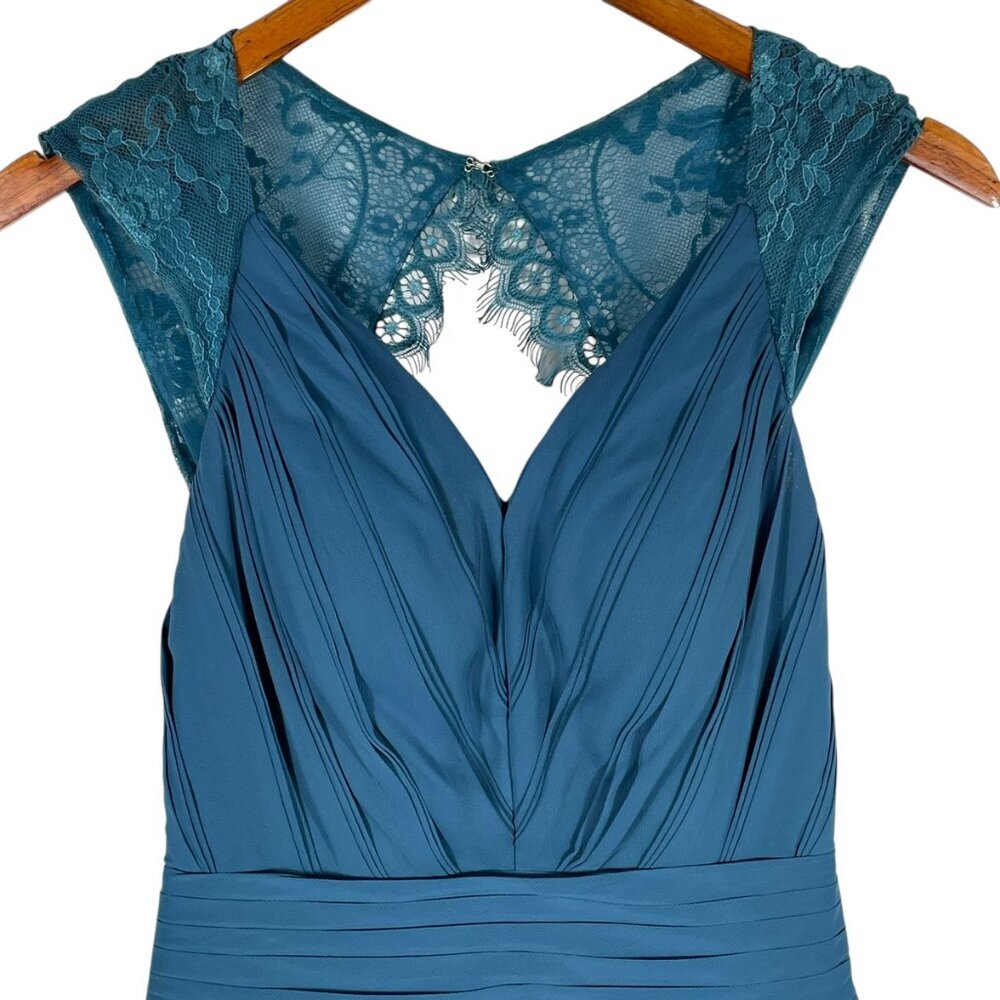 JJ's House Teal Chiffon Maxi Dress Lace Back Pleated Formal Gown Small - Picture 5 of 14